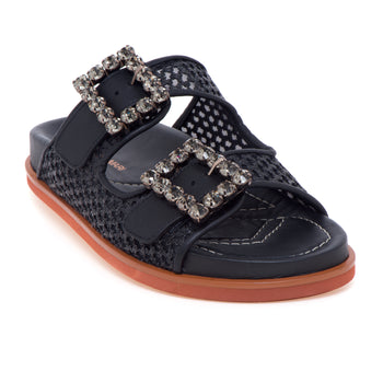 Ciabatta doppia fascia Lorenzo Mari in rafia intrecciata e fibbia strass - 4