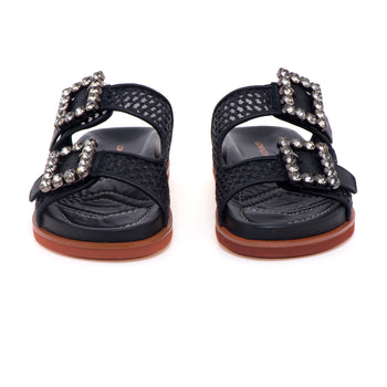 Ciabatta doppia fascia Lorenzo Mari in rafia intrecciata e fibbia strass - 5