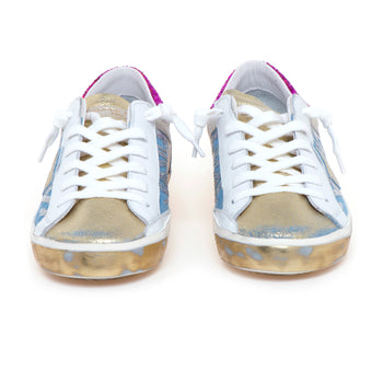 Sneaker Philippe Model PRSX in camoscio laminato, denim e pelle con pailettes e glitter - 5