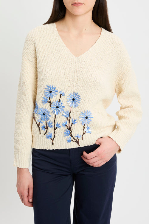 Maglia manica lunga Semicouture Marcela in cotone con scollo a V e ricamo con paillettes