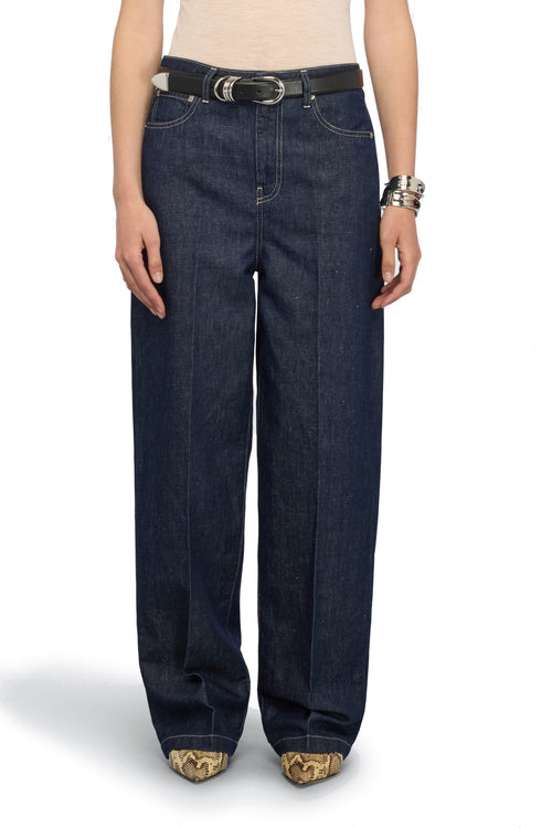 Jeans cinque tasche modello Agata di Semicouture in cotone e lino con gamba ampia