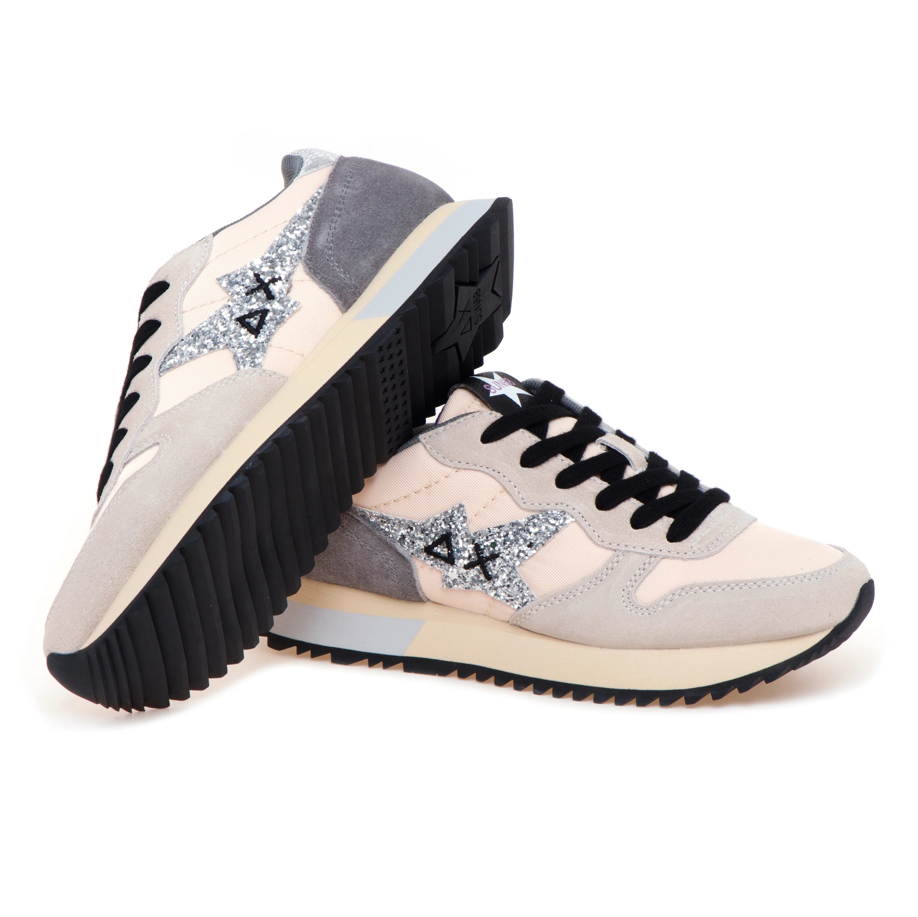 SUN68 Sneakers Donna Ally Vintage – Pelle E Tessuto, Suola Gomma, Colore Nero, Tacco 3 Cm, Taglia 41