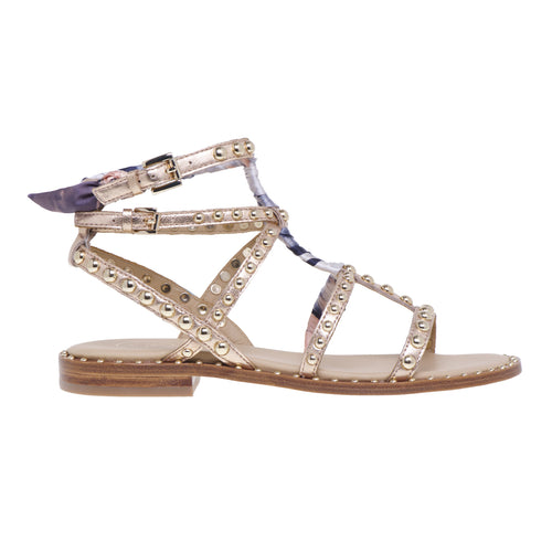 ASH flat sandal in laminated leather with studs and fabric scarf