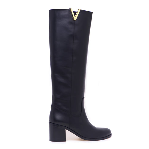 Via Roma 15 leather boot with metal "V" and 70 mm heel