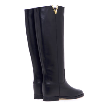Via Roma 15 leather boot with internal wedge and faceted golden "V". - 3