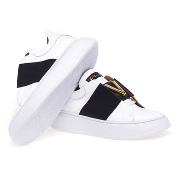 Via Roma 15 leather slip-on sneaker with black band and metal "V". - 4
