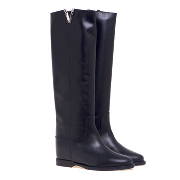 Via Roma 15 leather boot with faceted nickel metal "V" and internal wedge - 3