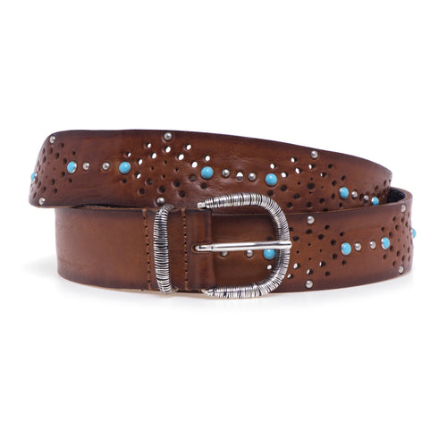 Gavazzeni leather belt with studs and turquoises - 1